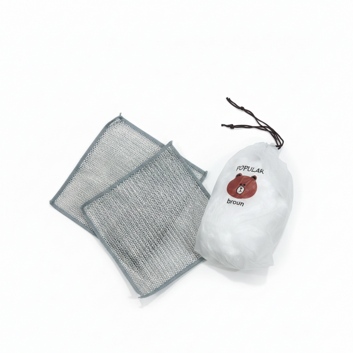 Combo Deal – 2 Pcs Metal Wire Cleaning Cloths with 1 Bear Design Food Cover Packet