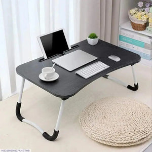 Foldable wooden laptop desk with tablet and cup holder