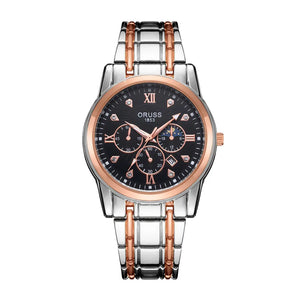 ORUSS men's stainless steel and rose gold watch with a black dial, Roman numeral hour markers, and a multi-dial chronograph layout on a white background.