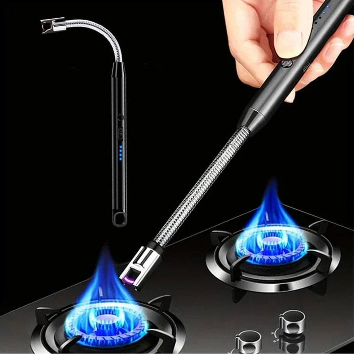 Hand holding a gas lighter with a blue flame on a stove, against a black background.