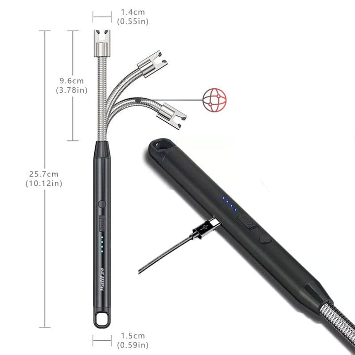 Black electronic device with flexible hose and measurement details on a white background