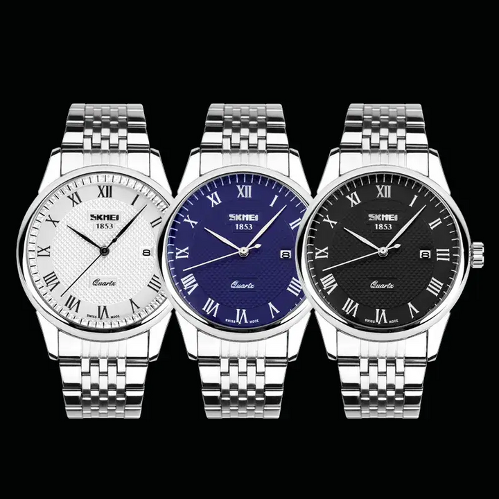 Three SKMEI 1853 quartz wristwatches with stainless steel link bracelets, shown side by side against a black background. The watches have white, blue, and black dials with Roman numeral hour markers.