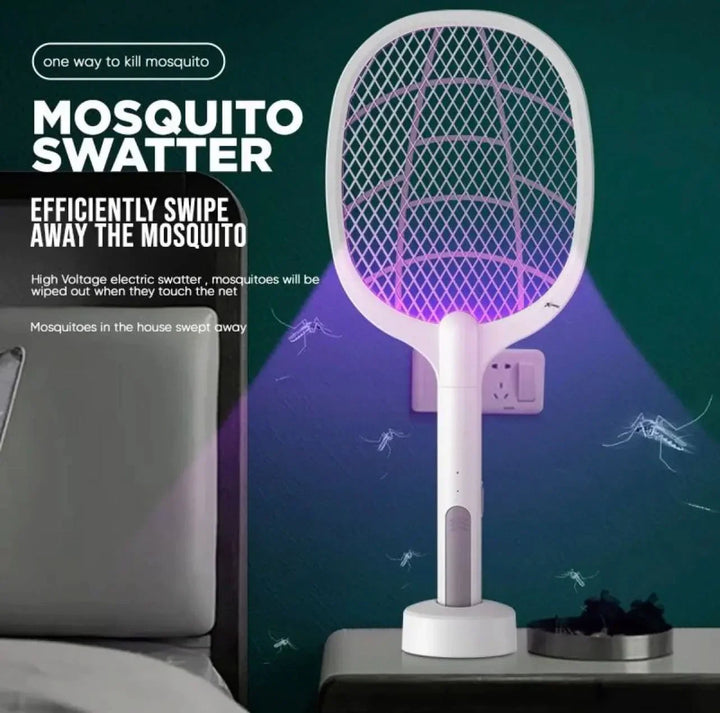 Mosquito swatter with text on a dark background