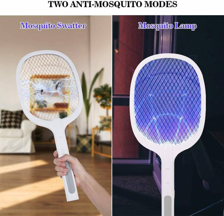 Mosquito swatter and mosquito lamp with two modes on a split-screen background.