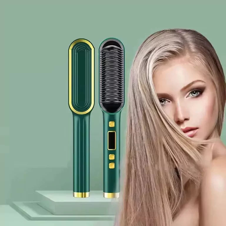 Woman using a 2-in-1 hair straightener brush to create curls