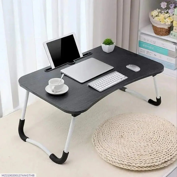 Foldable wooden laptop desk with tablet and cup holder