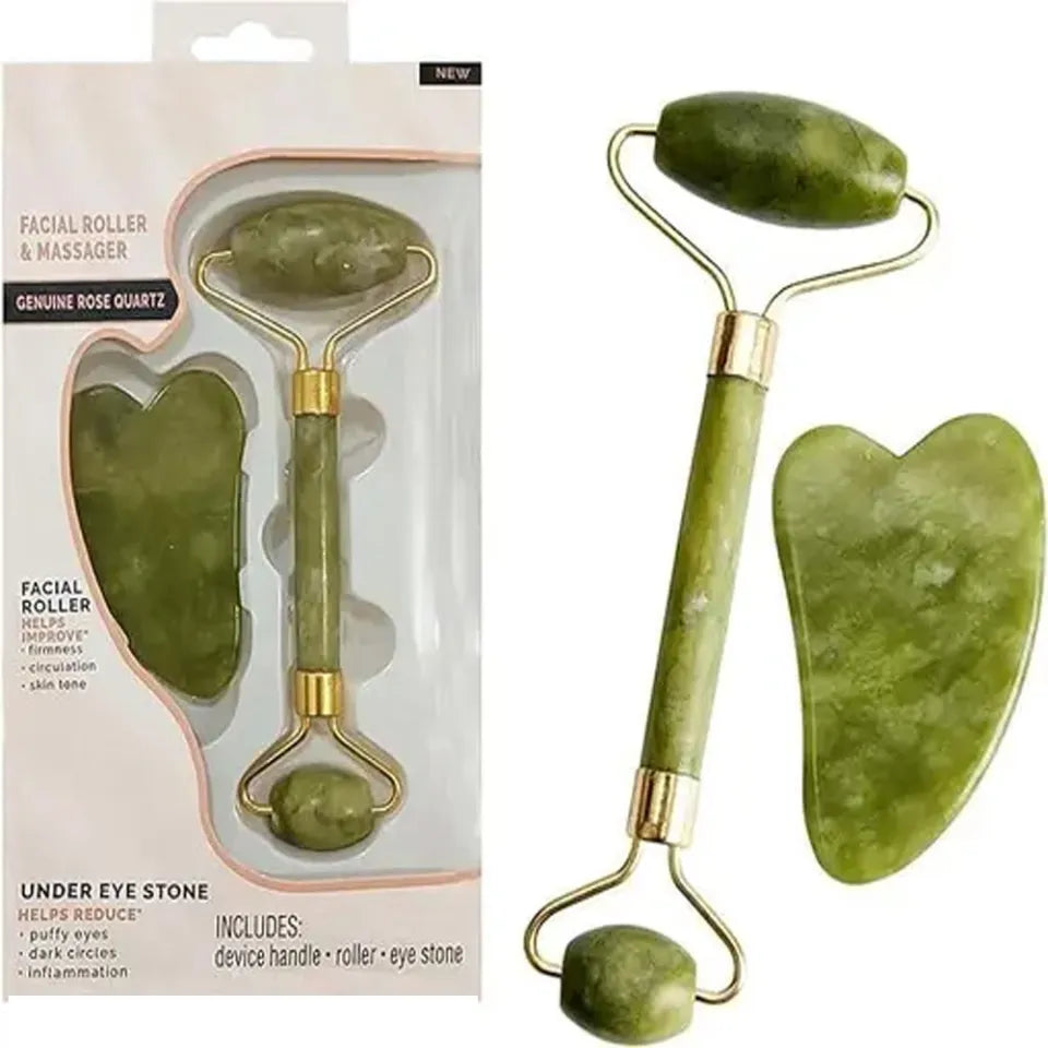 Jade facial roller and massager set with packaging on a white background