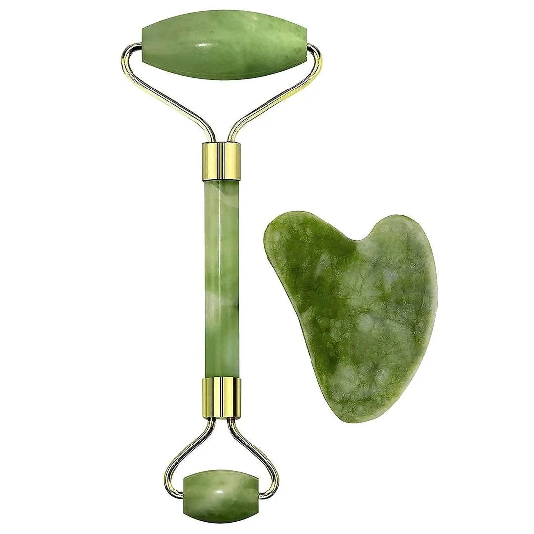 Green jade roller and gua sha stone skincare set