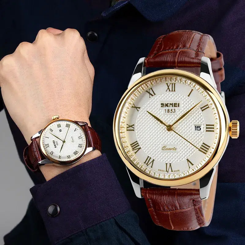 A men's SKMEI watch with a brown leather strap and gold-tone case, shown both on a wrist and as a standalone product shot against a dark navy shirt background.