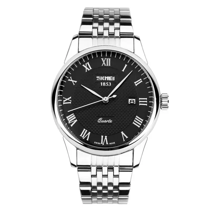 A SKHEI quartz wristwatch with a polished silver-tone stainless steel link bracelet, a round silver bezel, and a black textured dial featuring silver Roman numerals and hands.