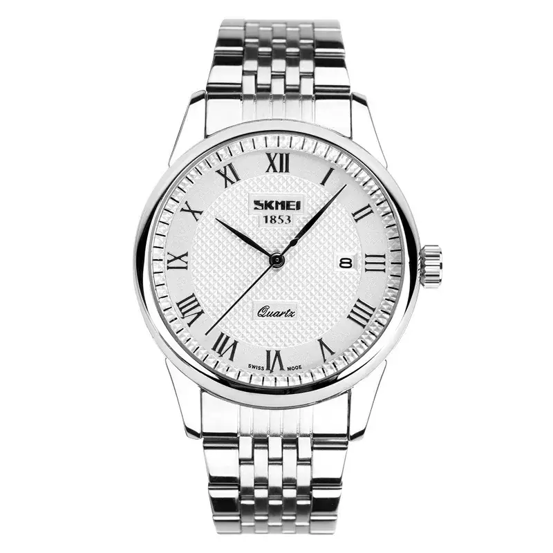 Silver SKMEI wristwatch with white dial on a white background